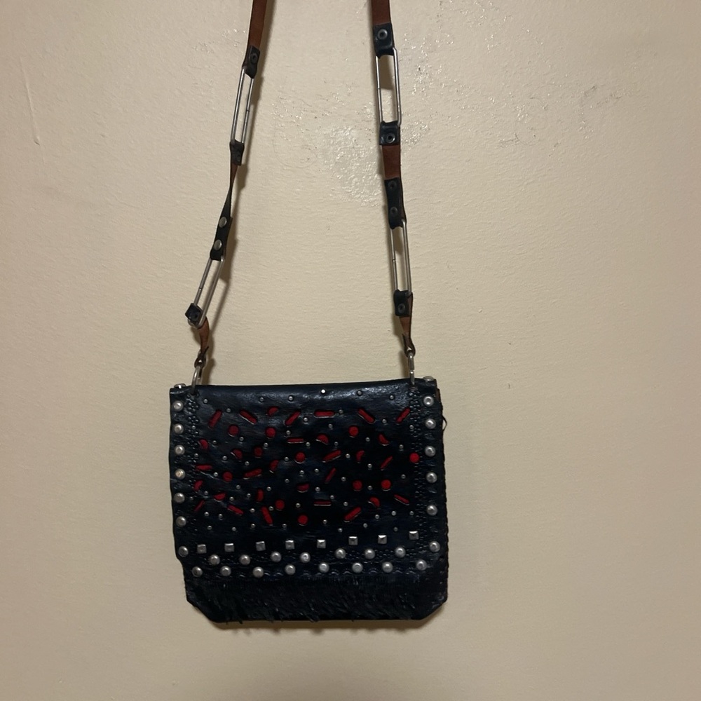 Genuine leather Black and red studded crossbody bag made in Argentina goth punk
